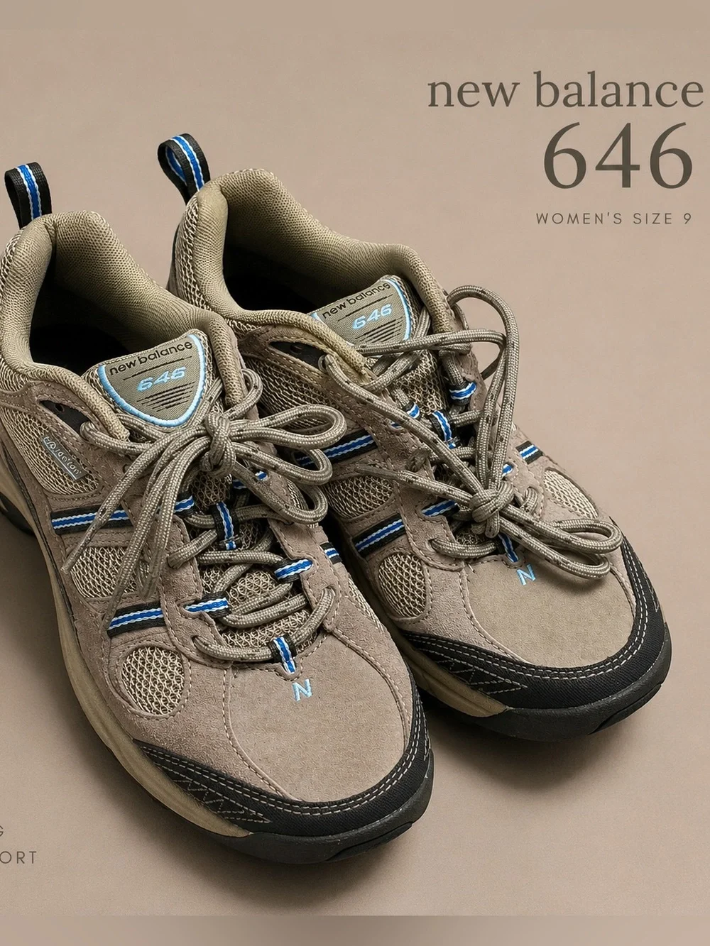 New Balance 646 Hiking Trail Walking Shoes Womens Size 9 Beige Blue Suede Mesh